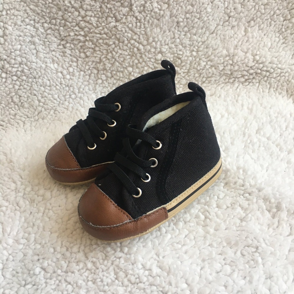 Carter's Crib Shoes Baby 3-6M‎ Black Brown Excellent Canvas Faux Shearling Boots